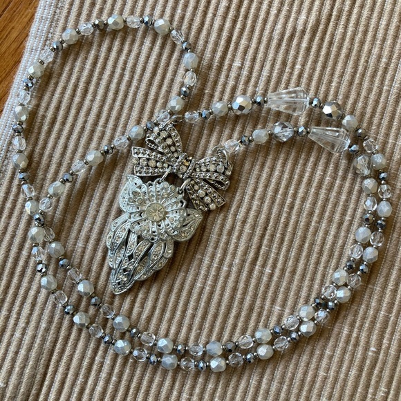 NWT Wedding Necklace Of Vintage Pendant Quartz Crystal & Czech Faceted G… - Picture 3 of 11
